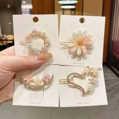 Round Moon Shape Rhinestone Hair Clips for Girls (4 pcs)
